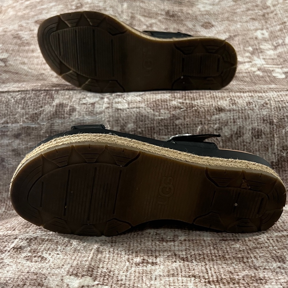 UGG Black Leather Espadrille Platform Sandals with Buckle - Picture 12 of 12